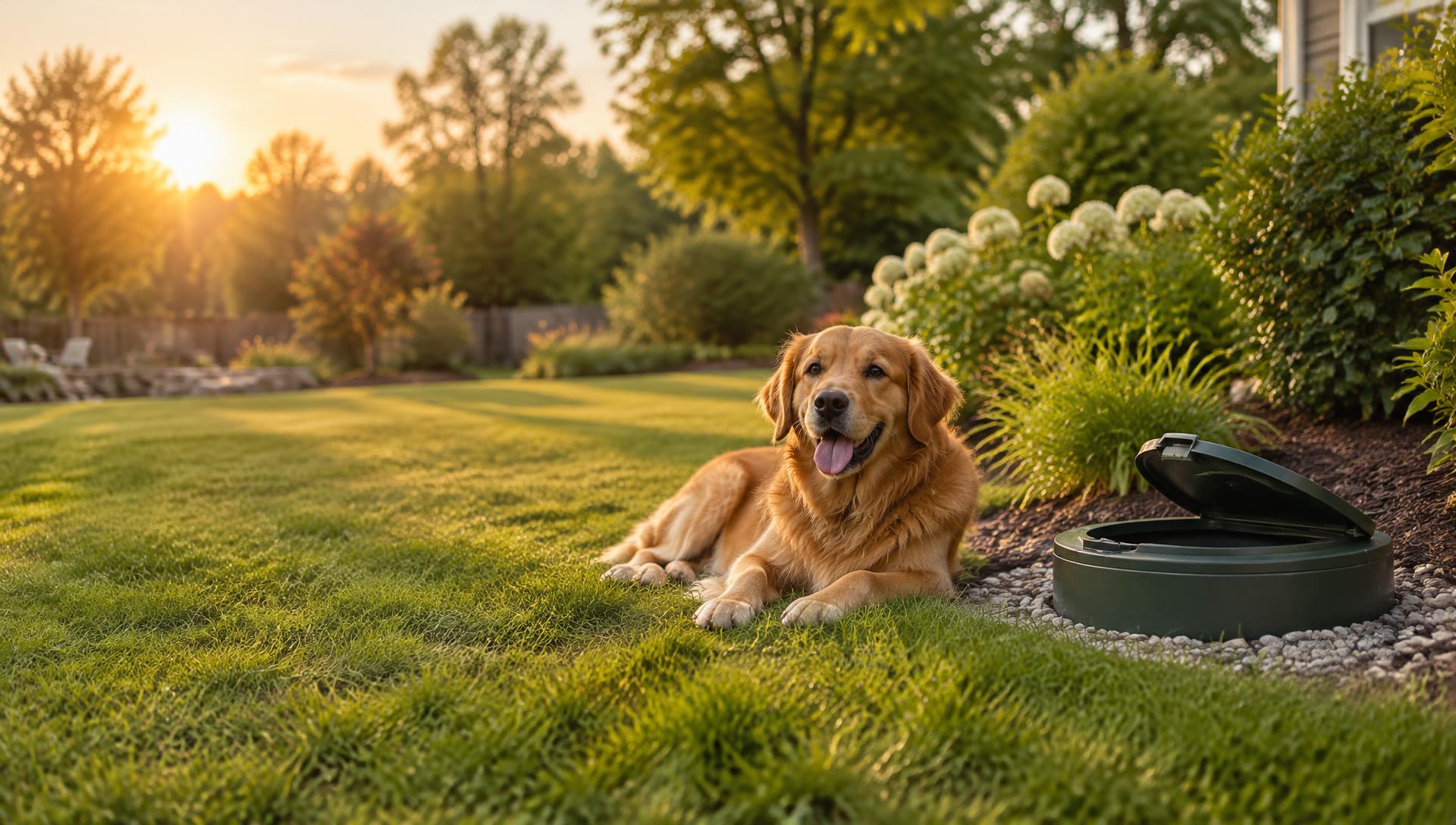 Happy Golden Retriever lying on a lush lawn next to a dark-green Doggie Pawty unit